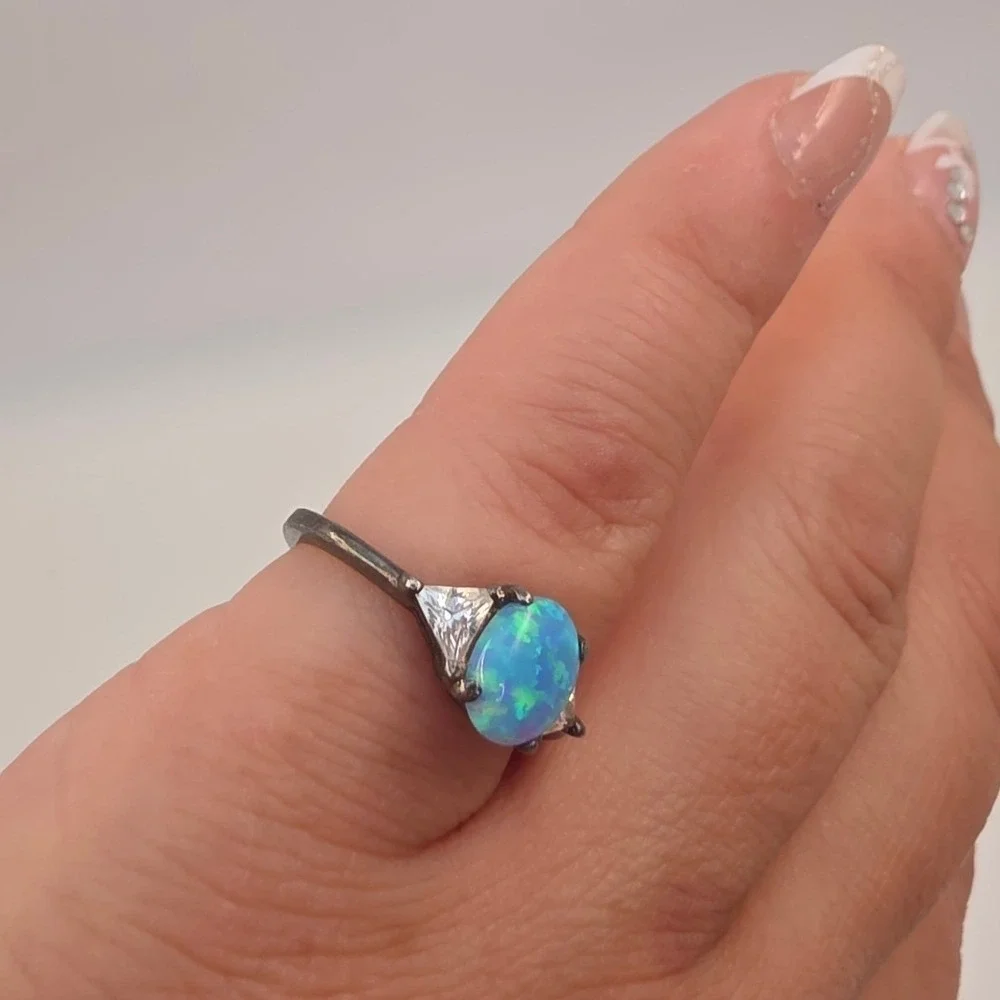 Sterling Silver‎ 925 Blue Opal Trillion CZ Three Stone Ring Size 6.25 Oxidized